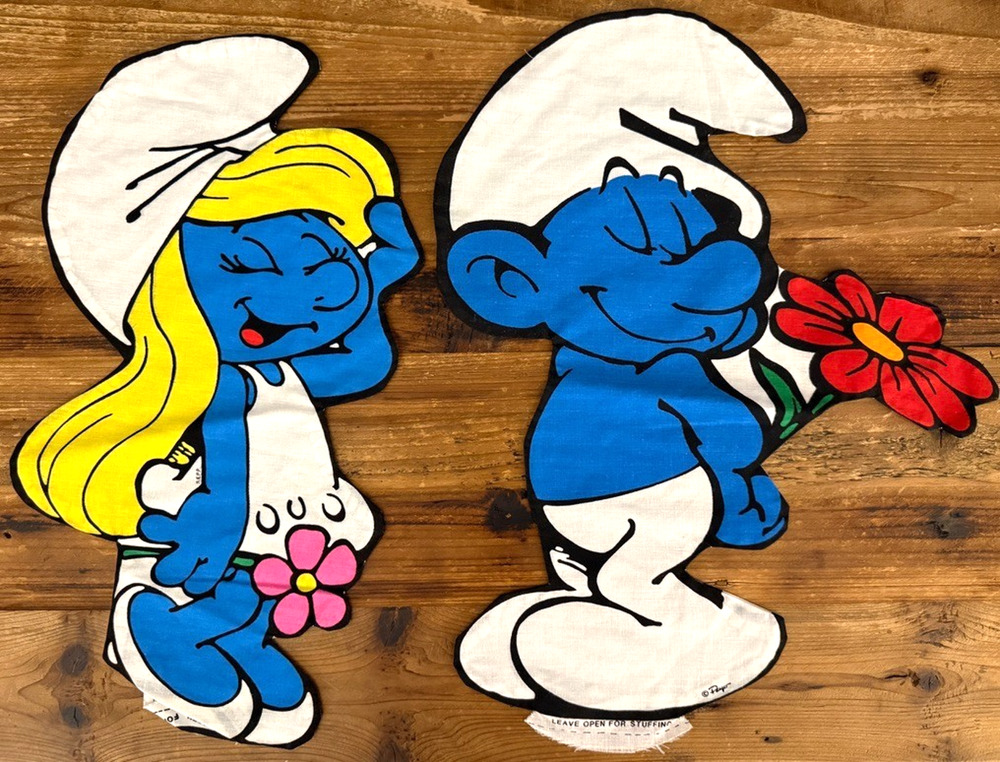 Vintage 1982 Smurfette & Smurf Flower Cut & Sew Fabric Panel Pillow Not Stuffed